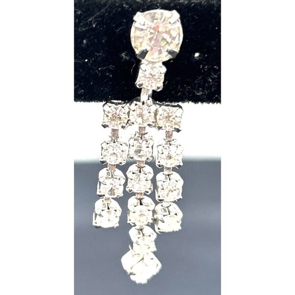 Rhinestone Earrings 3 Row Dangle Screw Back Vintage 1.5" Long Unsigned - Picture 3 of 5
